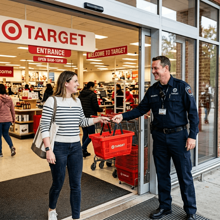A friendly uniformed security guard handing a shopping basket to a customer near a bright retail store entrance, approachable and professional, realistic photograph