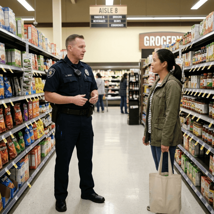 A calm security guard speaking professionally with a retail customer standing a few feet apart near store shelving, no physical contact, professional body language, realistic photograph