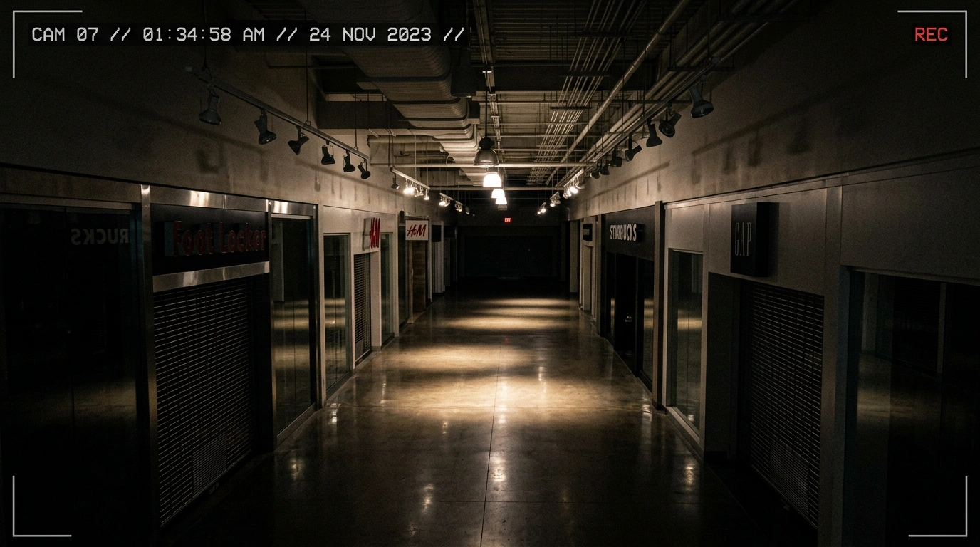 An empty retail store corridor at night with dramatic overhead lighting and deep shadows, tense atmosphere, cinematic security camera angle, realistic photograph