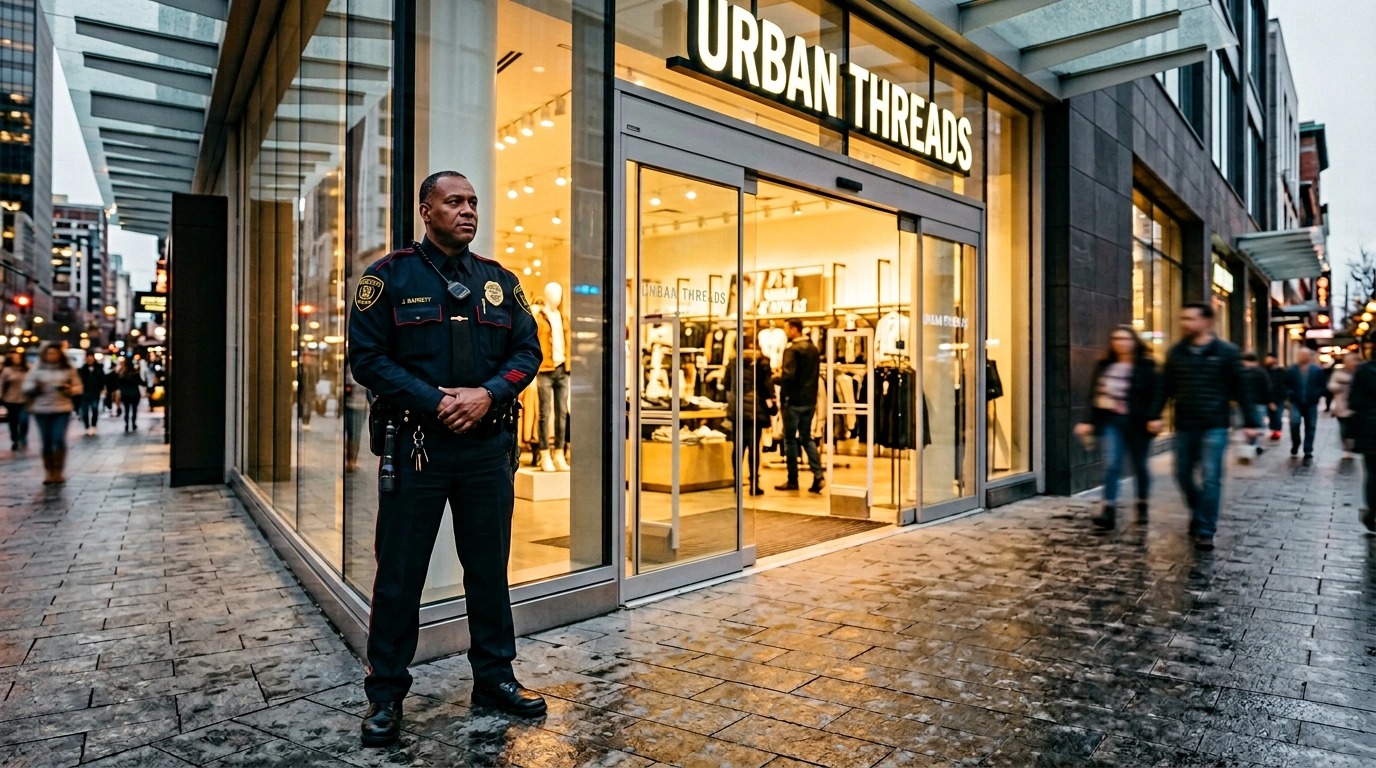 A professional uniformed security guard standing alert at the entrance of a modern retail store, confident posture, cinematic lighting, realistic photograph