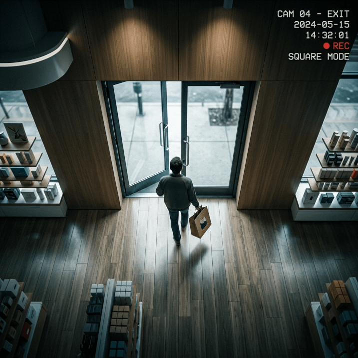 Overhead CCTV security camera view of a person carrying a shopping bag walking through the exit doors of a retail store, realistic surveillance footage style, square format, moody overhead angle