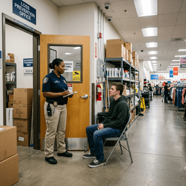 Professional loss prevention agent standing calmly and speaking with a detained person near the back office of a retail store, both composed, realistic hi-fi photograph, professional indoor lighting, wide shot