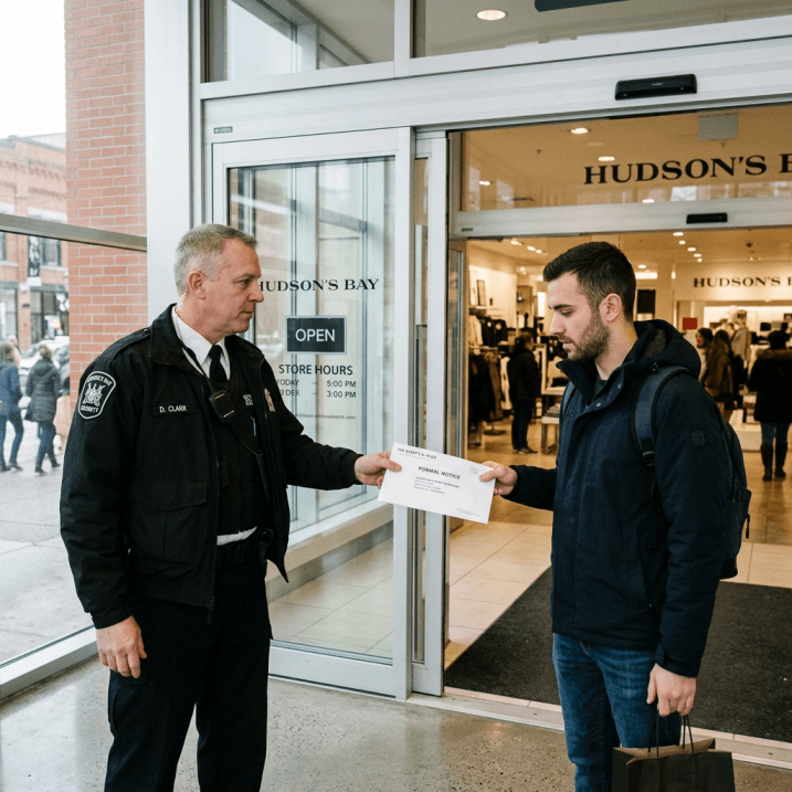 Security guard handing a formal notice to a person at the entrance doors of a Canadian retail store, professional setting, realistic hi-fi photograph, natural indoor lighting