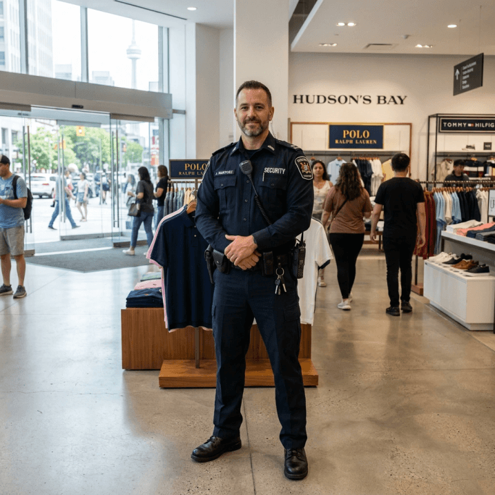 Professional male security guard in uniform standing confidently inside a modern Ontario retail store, natural lighting, realistic hi-fi photograph, three-quarter shot
