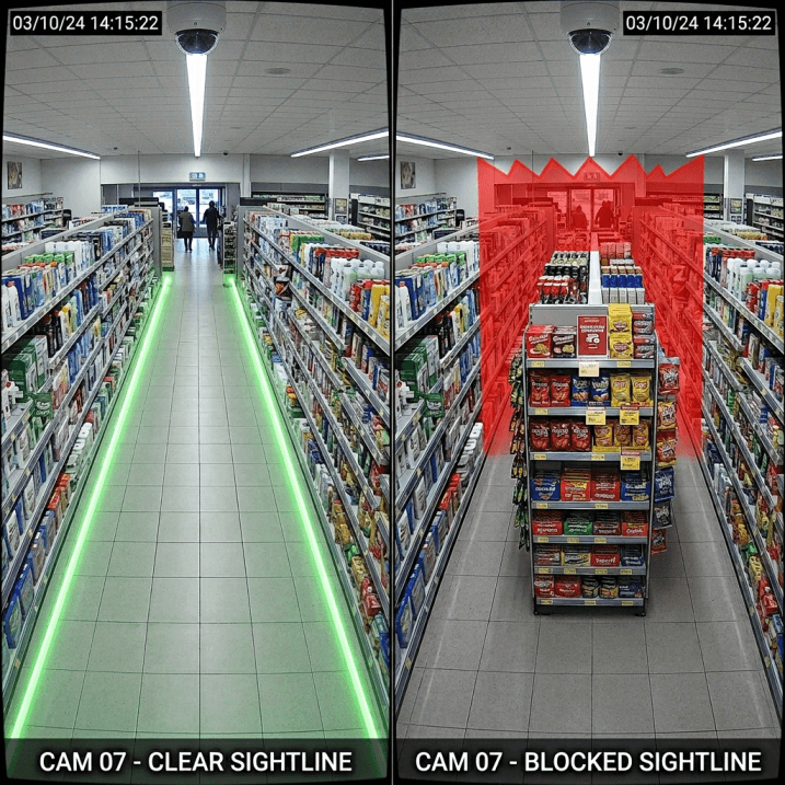 Two-panel comparison image: left panel shows a clear unobstructed security camera sightline down a clean retail aisle with a green visual indicator, right panel shows the same aisle now blocked by a tall freestanding shelving display casting a visual blind spot with a red indicator, realistic CCTV-style look