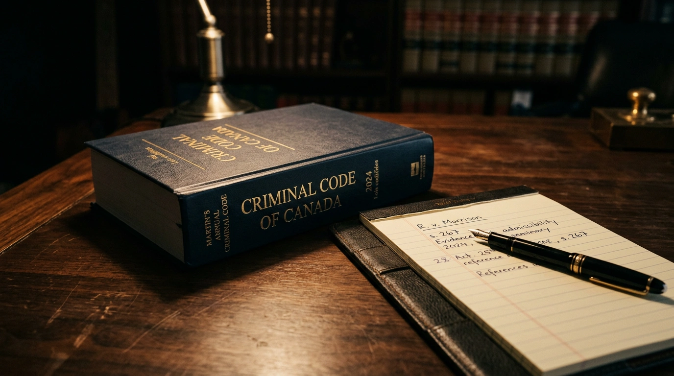 Close-up photograph of the Criminal Code of Canada book resting on a dark wooden desk beside a notepad and pen, dramatic low-key professional lighting