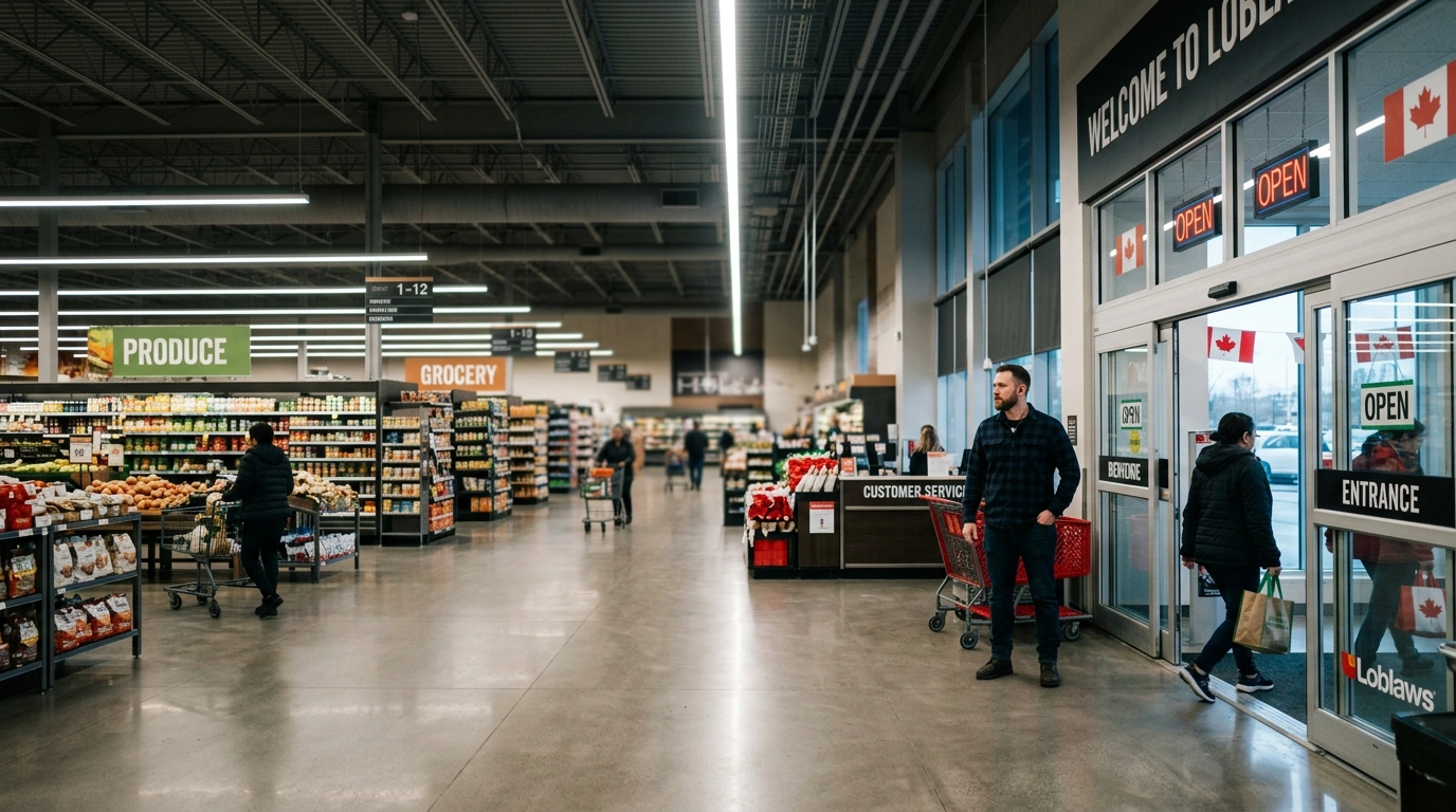 Wide-angle realistic photograph inside a large Ontario retail store at opening hours, professional loss prevention agent in plainclothes near the entrance, dramatic overhead ambient lighting, cinematic depth of field