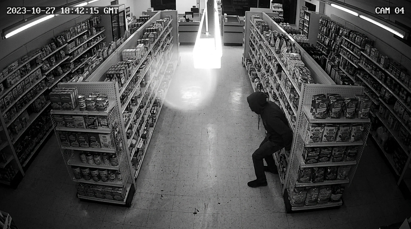 Dramatic overhead CCTV security camera angle looking down a retail store aisle, a person partially hidden behind a tall display shelving unit, one section of aisle completely obscured, moody realistic security footage aesthetic