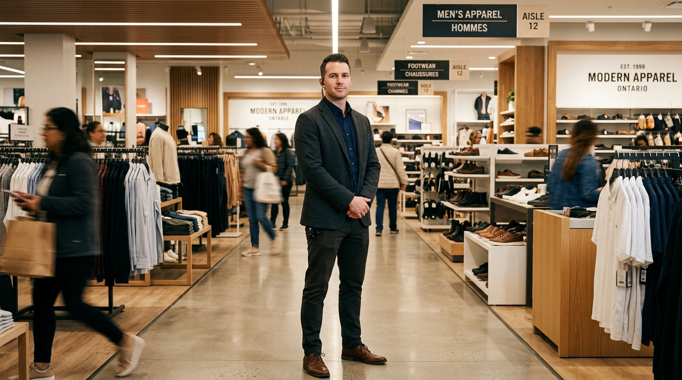 Professional loss prevention officer in plainclothes standing confidently and looking at the camera inside a well-lit modern Ontario retail store, warm professional lighting, realistic hi-fi photograph, wide cinematic shot